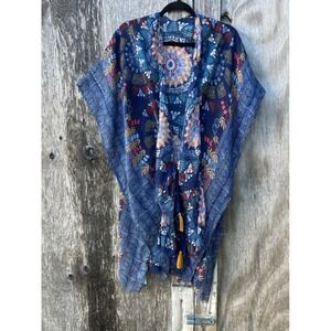 Blue Boho Kimono Festival Tassel Cover Up One Size Mandala Beach Resort NWT